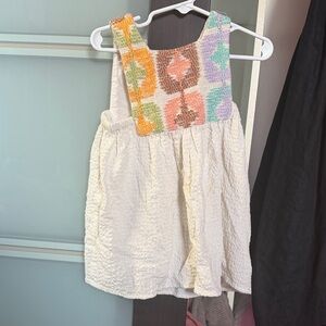 Zara Girls Cream Smocked dress with Multicolor Patterned Yoke